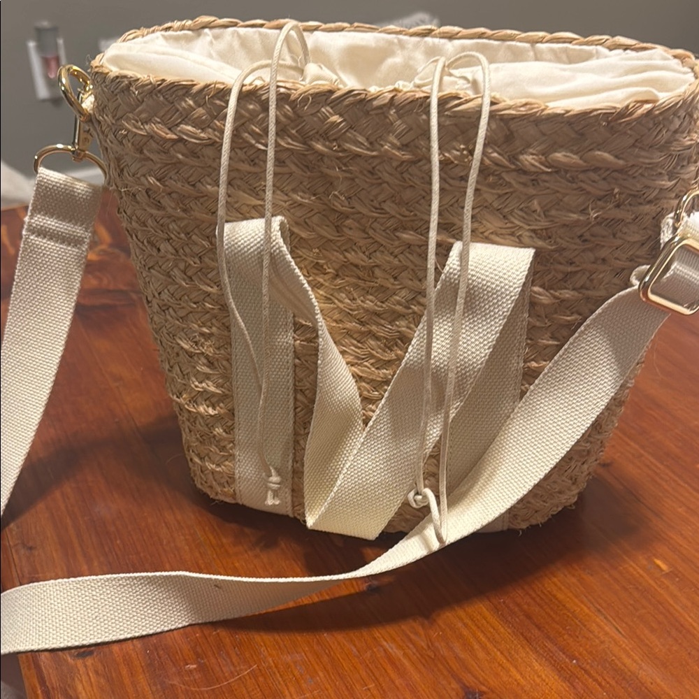 J. Crew Tan and Cream raffia Bucket bag with Elegant white woven Straps
